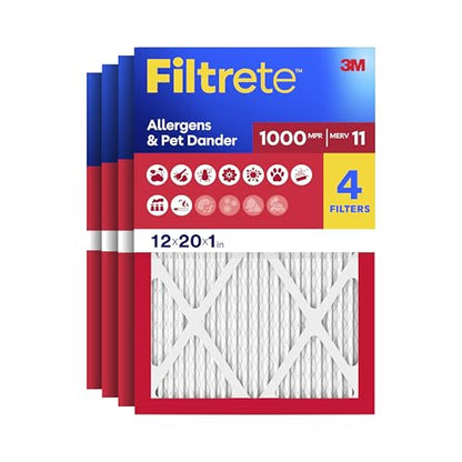 Filtrete 12x20x1 Air Filter, MERV 11, MPR 1000, Allergens & Pet Dander, 3-Month AC and Furnace Filters, Cleaner Air, Reliable Airflow, 4 HVAC Filters (Actual Size 11.68 x 19.68 x 0.81 in) - size: 12x20x1