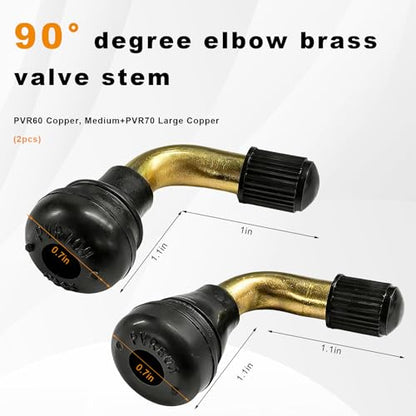 2 PCS PVR60/PVR70 Valve Stems, 90° Bent Brass Tire Valve Stem with Snap-in Rubber Base, Angled Tyre Nozzle Core Compatible with Most Tubeless Tire Rims on Motorcycle Scooter ATV