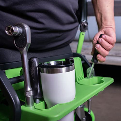 OEMTOOLS Sidekick Rolling Mechanic Stool – 5 Tool Trays, Cushioned Seat, 330 lb Capacity (Green)