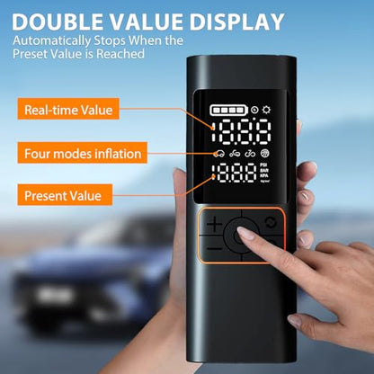 Tire Inflator Portable Air Compressor, 180PSI Air Pump with Dual Digital Pressure Gauge, Fast Inflation 32L/Min, Auto Shut-Off & LED Light, 3*2000mAh Battery Capacity, for Car, Motorcycle, Bike, Ball