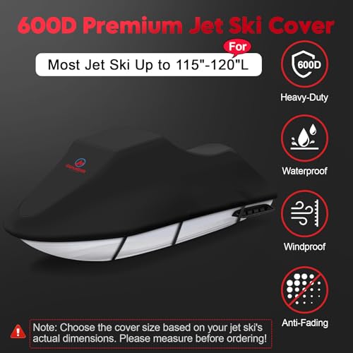 Comnova Jet Ski Cover 115-120 Inch - 600D Waterproof Trailerable Jetski Covers - Heavy Duty PWC Cover Fits Seadoo, Yamaha 2-3 Seater Personal Watercraft, All-Season Protection - size: Fits Length 115"–120"