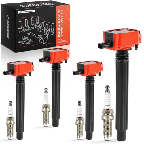 A-Premium Set of 4 Red Ignition Coil Pack and Iridium Spark Plugs - color: Red