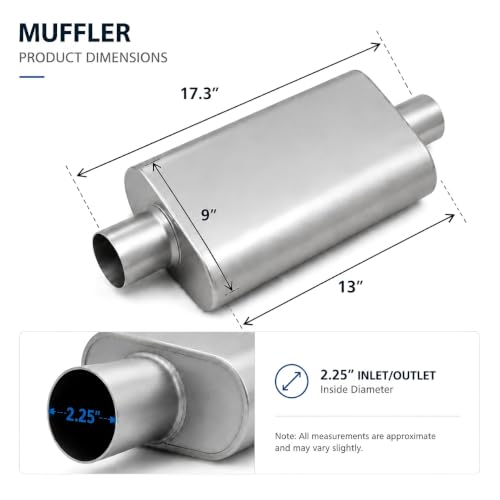 Universal 2.25" ID Center/Center Dual Chamber Muffler - Aggressive Deep Sound, Silver Aluminized Steel, Welded/Clamp-On (17" Total Length) - color: Silver, size: 2.25 Inch