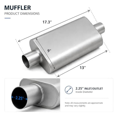 Universal 2.25" ID Center/Center Dual Chamber Muffler - Aggressive Deep Sound, Silver Aluminized Steel, Welded/Clamp-On (17" Total Length) - color: Silver, size: 2.25 Inch