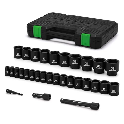 TecoTek 30 Pieces 1/2-Inch Drive Shallow Metric Impact Socket Set, Cr-Mo, 10mm to 36mm, No Skipped Sizes, 6 Point, Includes Extension Bars, Drill Socket Adapter 1/2" - style: 1/2" Dr. 30pcs Shallow Impact Socket