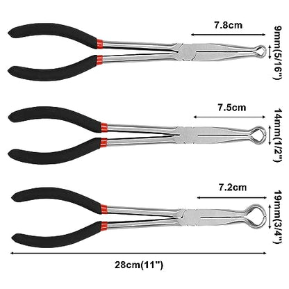 Mayouko 3PCS 11" Long Reach Hose Grip Pliers Set, 5/16 Inch, 1/2 Inch, 3/4 Inch Ring Nose Hose Gripper Pliers Kit, Carbon Steel Offset Spark Plug Boot Removal Pliers for Narrow Space - style: 3PCS