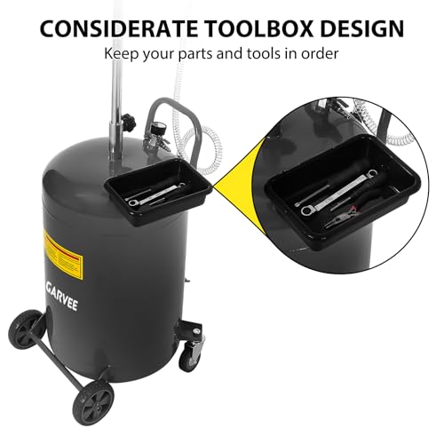Garvee 20 Gallon Waste Oil Drain Tank, Portable Oil Drain Container, Air Operated Drainer, Fluid Fuel Transfer Drainage, Adjustable Funnel Height with Wheel &15'' Premium Bowl and a Toolbox - size: 20 Gallon- Black
