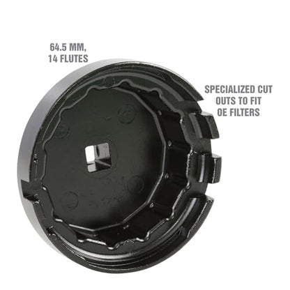 OEMTOOLS 25451 64.5 mm Oil Filter Cap Wrench, Oil Filter Wrench 14 Flute Design, Oil Filter Removal Tool Heavy-Duty Cast Aluminum, Compatible with 3/8" Drive and 27 mm Wrench - size: 64.5mm