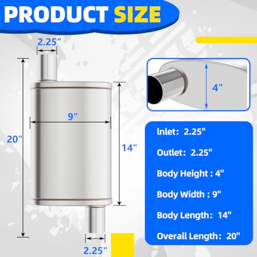 2.25 inch Universal Mufflers Single Chamber,2.25” Offset In/2.25” Offset Out,20" Overall Length Straight-Through Mild Steel Performance Muffler,Suitable for Cars and Trucks(2.25''Inlet/Outlet) - color: Offset In / Offset Out, size: 2.25''