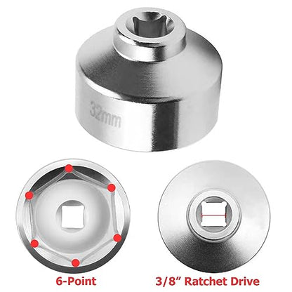 1 ¼" Low Profile Oil Filter Wrench Socket for 2.2L GM Ecotec Engines,32mm 6-Point Socket,3/8" Drive Oil Filter Removal Tool (Silver)