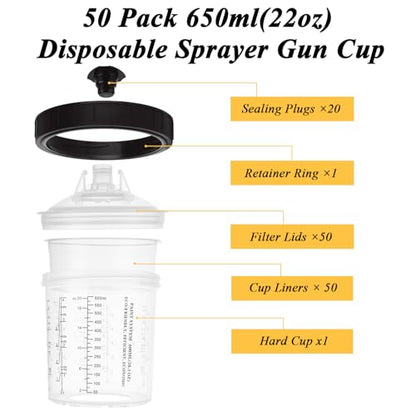 YAYODS 50 Pack Disposable Paint Sprayer Gun Cup Liners and Lid System for Spray Gun, Paint Cups 22 Ounce (650ml) Kit with 50 Mixing Cup Liners, 50 Lids, 20 Plugs, 1 Hard Cup with Retainer Ring