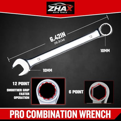 zhax 10mm Metric Combination Wrench, 12 Point Box End, 15 Degree Offset Design, Mirror Polish Finish, Forged CR-V Steel, Hand Tools for Mechanics, Ideal for Auto and Home Repair - size: 10mm