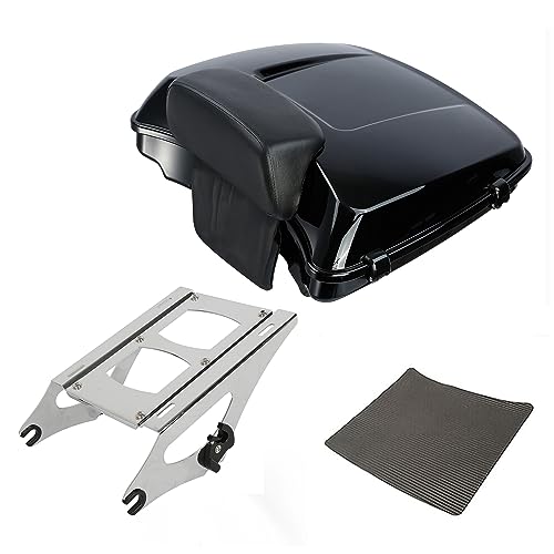 TCT-MOTORPARTS Completed Black 5.5" Razor Tour Luggage Trunk Pack Mount Rack for Harley 2014-2025 Road King Glide Street Electra Glide - color: Gloss Black Razor Trunk+Chrome Rack
