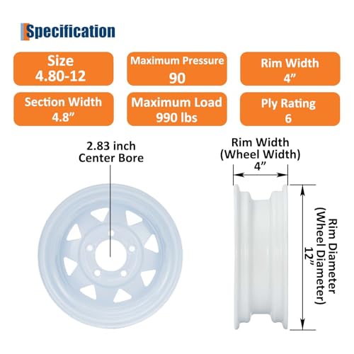 GarveeTech 4.80-12 Trailer Tire and Wheel Assembly, 5 Lug, Set of 2 - size: 4.80-12, style: 5 Lug