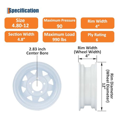 GarveeTech 4.80-12 Trailer Tire and Wheel Assembly, 5 Lug, Set of 2 - size: 4.80-12, style: 5 Lug