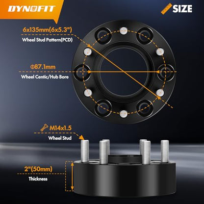 dynofit 2 Inch 6x135 Hub-Centric Wheel Spacers (4 Pcs) for 2015-2026 Ford F150, Expedition, Lincoln Navigator - M14x1.5 Studs, 87.1mm Center Bore - size: 2 Inch (2015-2026 F150)