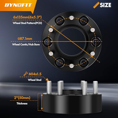 dynofit 2 Inch 6x135 Hub-Centric Wheel Spacers (4 Pcs) for 2015-2026 Ford F150, Expedition, Lincoln Navigator - M14x1.5 Studs, 87.1mm Center Bore - size: 2 Inch (2015-2026 F150)