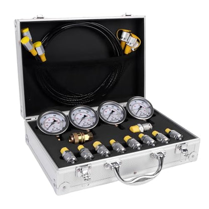 Hydraulic Pressure Test Kit with 4 Gauges 10 Couplings 3 Hoses, Hydraulic Tester Gauge Set 10Mpa/25Mpa/40Mpa/60Mpa for Excavator Construction Machinery - size: Silver 4 Gauges 10 Couplings