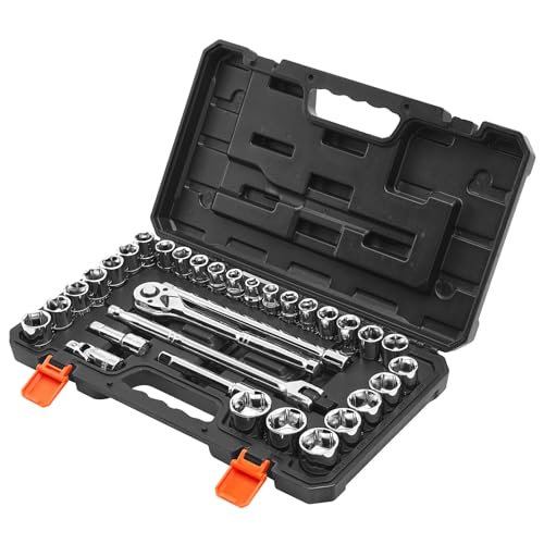 VEVOR Socket Set, 33 Pieces, 1/2 inch Drive Socket and Ratchet Set, SAE and Metric, Mechanic Tool Kit with Ratchet Wrench, Extension Bar and Storage Case, CR-V Alloy Steel, for Automotive Repair - size: 33-PCS
