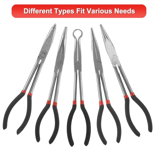 Long Needle Nose Pliers Set, 5 in 1 11 inch Spark Plug Wire Removal Tool - Bent Needle Nose Pliers 90 45 25 Degree - Pointy Nose Pliers - Pinch Nose Pliers for Narrow Spaces and Limited Areas