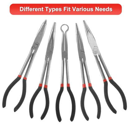 Long Needle Nose Pliers Set, 5 in 1 11 inch Spark Plug Wire Removal Tool - Bent Needle Nose Pliers 90 45 25 Degree - Pointy Nose Pliers - Pinch Nose Pliers for Narrow Spaces and Limited Areas