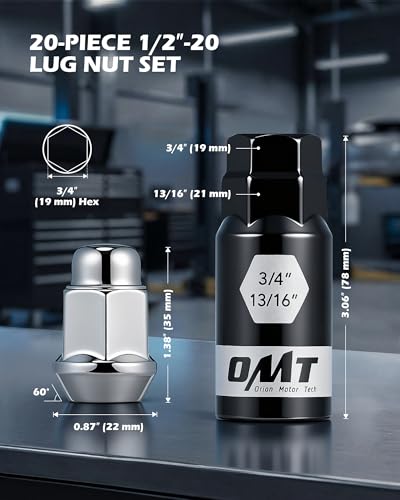 OMT 1/2"-20 Lug Nuts with Cone Seat, 20pcs Lug Nuts Set with 1 Socket Key - color: Silver, size: 1/2"-20, style: 20Pcs 1.38"Long