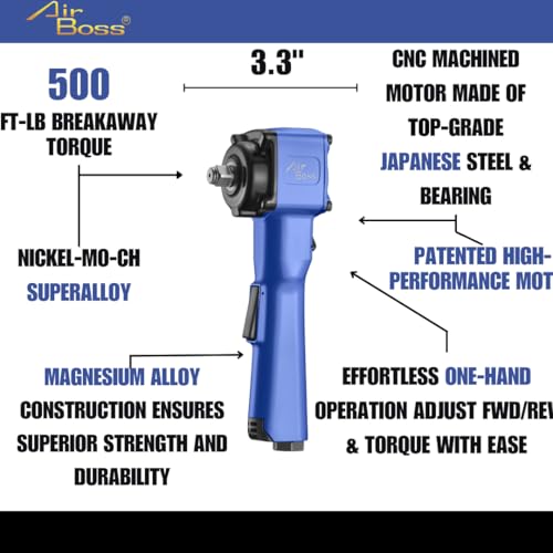 Airboss AW-80JL 1/2" Right Angle Air Impact Wrench, 500 ft-lbs Breakaway Torque, Jumbo Hammer, Extended Handle High Torque Pneumatic Tool for Lug Nuts, Tire Service, Tight Spaces & Auto Shop - size: 500 FT LB