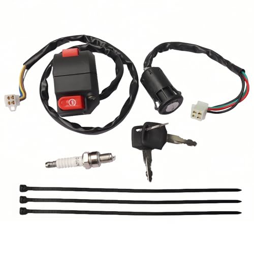 2 Function Left Starter Kill Switch 4-Wire Ignition Key Switch & A7TC Spark Plug Kit Fits 7/8" (22mm) Handlebars for 50cc 70cc 90cc 110cc 125cc ATV Quad Go Kart Dirt Bike TaoTao Coolster Sunl