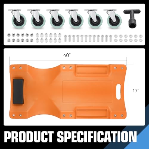 DNA MOTORING 40" L X 19" W Vehicle Repair Low Profile Plastic Rolling Garage Shop Creeper with Padded Headrest,Tool Trays & 6pcs Casters, Orange, TOOLS-00217-OG - color: Orange, size: 40 Inches