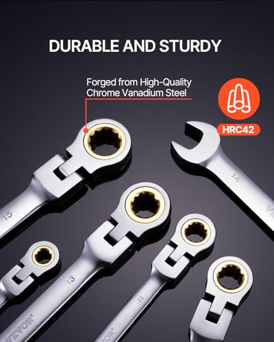 VEVOR Flex-Head Ratcheting Wrench Set, Nickel Plating, 8-piece Flexible Ratcheting Combination Wrench Set with Roll-up Pouch, CR-V, 72 Teeth, Metric 8-17mm - size: 8PCS (Metric), style: Flex-head