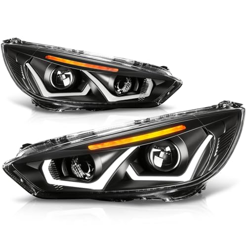 Auto Dynasty LED DRL Headlights Assembly Compatible with 2015-2018 Ford Focus, Driver Passenger Side Dual DRL Halogen Headlamps Replacement w/Projector Low Beam, Black Housing Amber Corner - color: Black / Amber
