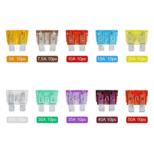 AHL 100PCS Standard Fuses Kit(5A 7.5A 10A 15A 20A 25A 30A 35A 40A 50A),Car Fuses Assortment Kit,Standard Blade Fuses Automotive for Car, RV, Boat,Truck, Marine, Motorcycle, Auto, ATV Fuse - size: Standard 100pcs