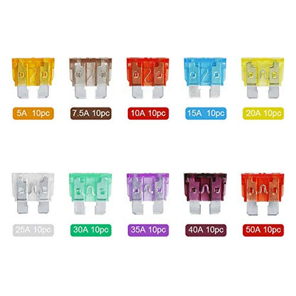 AHL 100PCS Standard Fuses Kit(5A 7.5A 10A 15A 20A 25A 30A 35A 40A 50A),Car Fuses Assortment Kit,Standard Blade Fuses Automotive for Car, RV, Boat,Truck, Marine, Motorcycle, Auto, ATV Fuse - size: Standard 100pcs