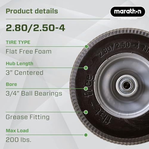 Marathon 00090 Flat-Free 2.80/2.50-4 Tire and Wheel Assembly, 3” Centered Hub, 3/4” Ball Bearings, Replacement Tire for Casters, Utility Carts and Other Equipment, Easy Install Assembly - style: 3/4" Ball Bearings