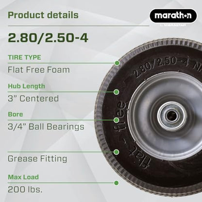 Marathon 00090 Flat-Free 2.80/2.50-4 Tire and Wheel Assembly, 3” Centered Hub, 3/4” Ball Bearings, Replacement Tire for Casters, Utility Carts and Other Equipment, Easy Install Assembly - style: 3/4" Ball Bearings