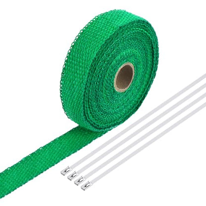 MECCANIXITY Fiberglass Exhaust Wrap Tape 1" x 16' Green with 4 Ties - color: Green, size: 1" x 16'