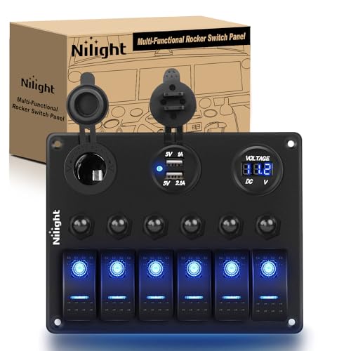 Nilight 6 Gang ON Off Rocker Switch Panel 12V Voltmeter Dual USB Charger Cigarette Lighter Socket For RV Truck Boat , 2 Years Warranty - color: Blue, size: 6+3 Gang Dual USB