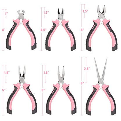 COMOWARE 6-Piece Mini Pliers Set, Needle Nose, Long Nose, Bent Nose, Diagonal, End Cutting and Linesman, for Crafts Work, Electronic Repair, with Pink Pouch - color: Pink