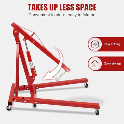 2 Ton Folding Hydraulic Engine Hoist Crane Hoist Lift, Cherry Picker Shop Crane Hoist Lift, 4409lb Engine Hoist, Heavy Duty Folding Shop Crane with 6 Casters (Sent in 2 Packages, Red)