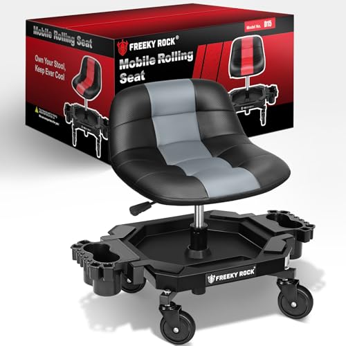 Rolling Stool with Wheels, Adjustable Height Pneumatic Garage Work Mechanic Stool Seat with Backrest, 400 LBS Capacity 360° Swivel Mechanic Crepper Chair with Tool Tray Storage, Gray - color: Carbon Fiber Gray