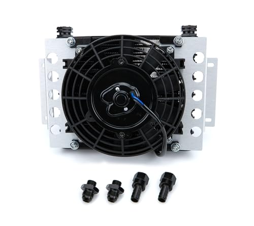 Derale Fluid Cooler and Fan, 12.75 x 9.375 x 4.313 in, Plate and Fin Type, 5/8-18 in Female O-Ring Inlet/Outlet, 8 AN Male Adapters, Fittings, Aluminum, Black Powder Coat, Universal, Each