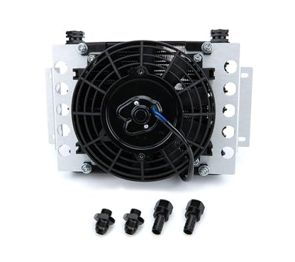 Derale Fluid Cooler and Fan, 12.75 x 9.375 x 4.313 in, Plate and Fin Type, 5/8-18 in Female O-Ring Inlet/Outlet, 8 AN Male Adapters, Fittings, Aluminum, Black Powder Coat, Universal, Each
