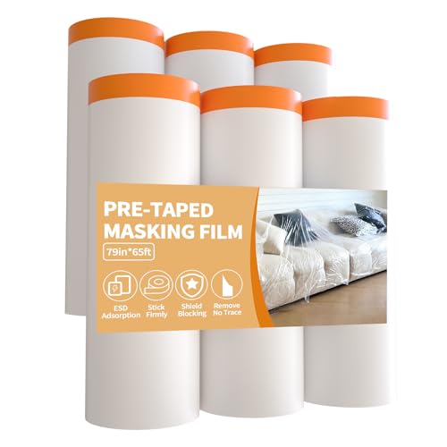 Pre-Taped Masking Film 79 In x 65 ft (6 Rolls) Tape and Drape for Painting - size: 79in x 65Ft