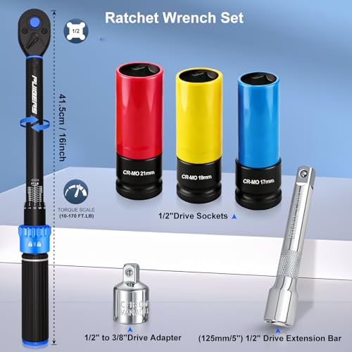 10-170FT 1/2'' Torque Wrench Socket Set, 17mm 19mm 21mm Wheel Sockets with 3/8" Drive Adapter and Extension Bar 72 Tooth, High Accuracy Laser Marking Scale for Auto Motorcycle Repair - size: 1/2" 10-170 FT.LB - 6 Pcs