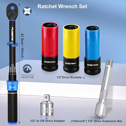 10-170FT 1/2'' Torque Wrench Socket Set, 17mm 19mm 21mm Wheel Sockets with 3/8" Drive Adapter and Extension Bar 72 Tooth, High Accuracy Laser Marking Scale for Auto Motorcycle Repair - size: 1/2" 10-170 FT.LB - 6 Pcs
