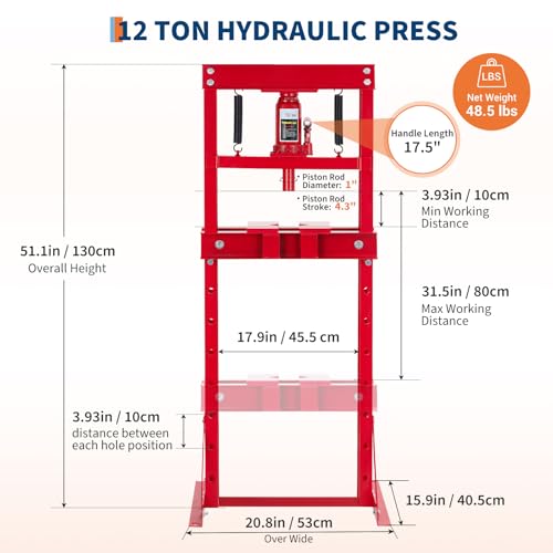 12 Ton Floor Shop Press, H-Frame Hydraulic Press with 2 Steel Movable Plates, Triangle Support & 6 Adjustable Height Beds for Garage Bearing Removal, Metalworking, 26000 LBS, Heavy Duty, Red