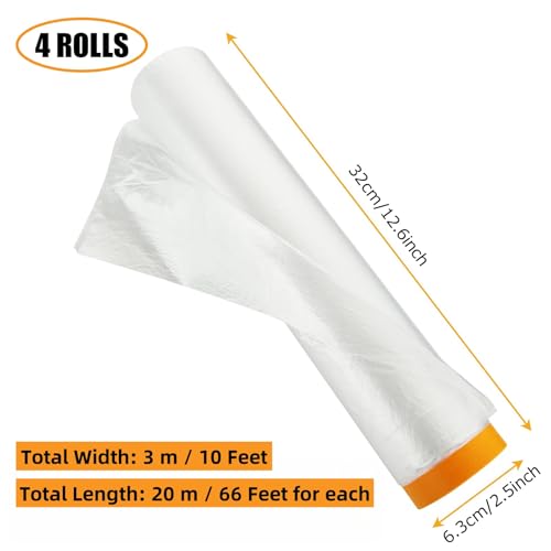 4 Rolls 10 x 66 Feet Plastic Sheeting, Painters Plastic Drop Cloths for Painting, Pre-Taped Masking Film Tape and Drape for Automotive Painting Covering, Furniture Floor Dustproof Cover - size: 10 x 66 feet