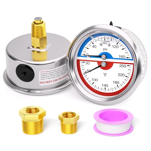 MEANLIN MEASURE 0-160Psi Stainless Steel Thermal Pressure Gauge 30-250℉ 1/4" NPT 2.5" FACE DIAL Liquid Filled Pressure Gauge, with 1/2" NPT and 3/8" NPT Hex Bushing, Back Mount - size: Back Mount, style: Liquid Filled