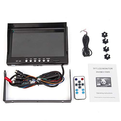 9" TFT LCD Car Rearview Quad Split Monitor,Remote Control, 4 Channels 4-PIN Connector Video Inputs Shockproof - 12V-24V 800480HD Screen w/Sunshade Anti-Glare