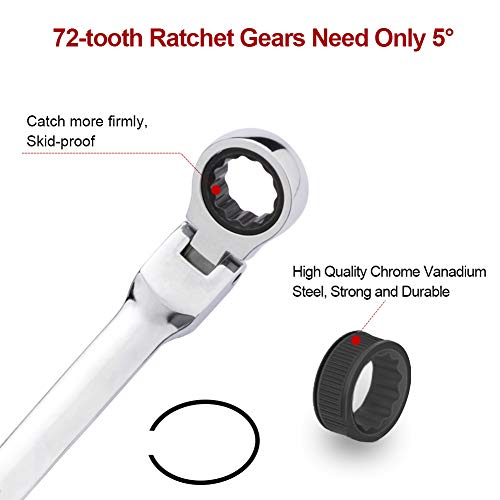 BULLTOOLS Flex-Head Extra Long Ratcheting Wrenches Double Box End Chrome Vanadium Steel 72-Tooth Wrench with Metric 17 mm x 19 mm - size: 17mmx19mm